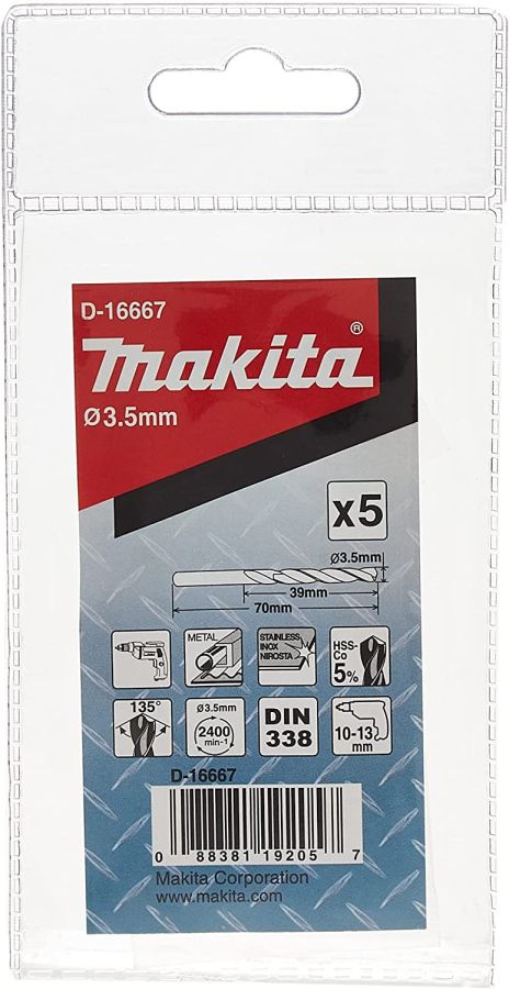 Makita Metal Drill Bit, D-16667, HSS-Co, 3.5x70MM, PK5