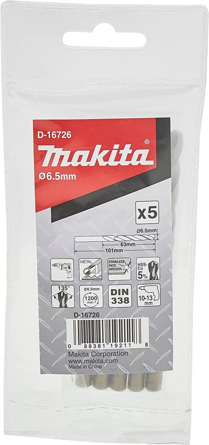 Makita Metal Drill Bit, D-16726, HSS-Co, 6.5x101MM, PK5