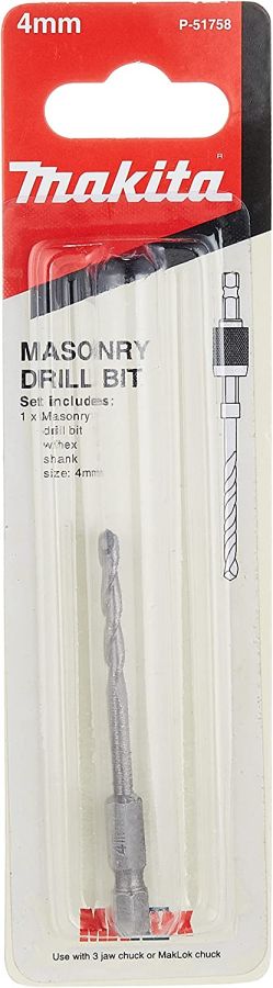 Makita Masonry Drill Bit, P-51758, w/ Hex Shank, 4MM