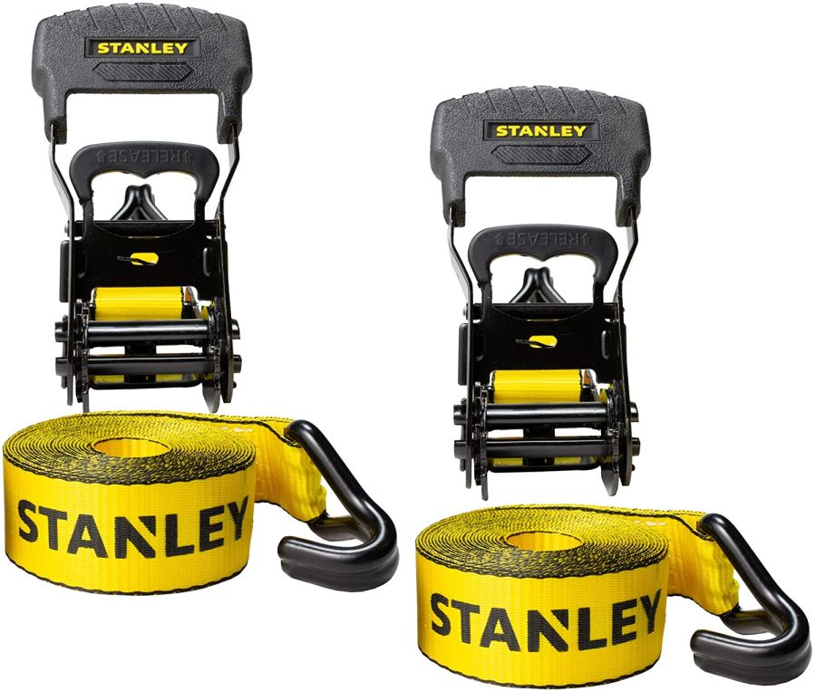 Stanley S1007 Black/Yellow 1.5" x 16' Ratchet Tie Down Straps - Heavy Cargo Hauling (3,300 Lbs Break Strength), 2 Pack Heavy Cargo Hauling (2 Pack)