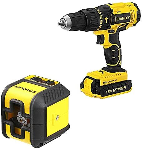 Stanley Cordless Hammer Drill With Kit Box, 18V, 1.5Ah Li-Ion Battery + Cubix Red Line Laser Level - Sch20S2Kmea2-B5